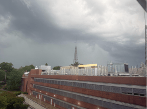 Small shelf cloud moving over Marshall University as taken from Buskirk Hall, August 16, 2026