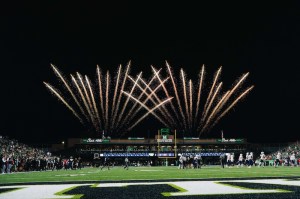 Fireworks illuminate the night sky above Marshall University's Joan C. Edwards Stadium during a football game