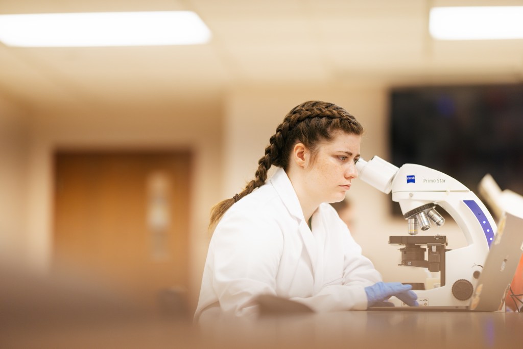 student working on a microscope in a lab