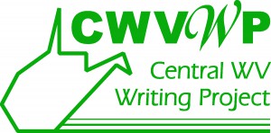 White blank background with green writing "CWVWP Central WV Writing Project" with a green shape of WV on the far left side
