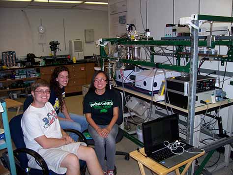 three students in front of a Matrix Isolation FTIR: Bruker FTIR with pyrolysis unit and cryostat cell in 2009