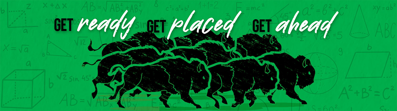 A herd of stampeding bison inviting students to "Get ready. Get placed. Get ahead." by taking the math placement assessment