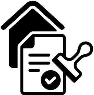icon of a house and a document with a checkmark and a stamp on it