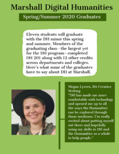 newsletter, student image, green background, intro to dh graduates