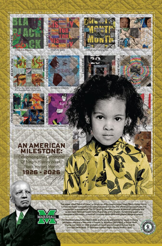 Quilted poster commemorating Negro History Week 1926–2026, featuring a young girl in yellow floral attire with collage panels.