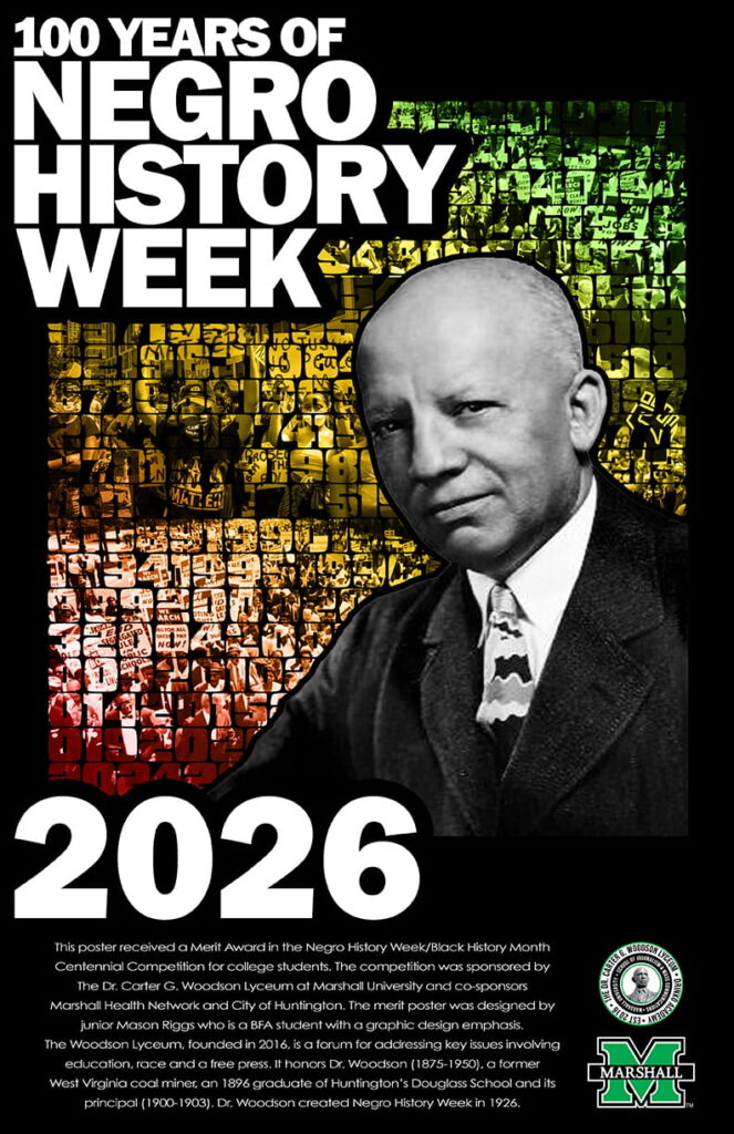 100 YEARS OF NEGRO HISTORY WEEK poster with grayscale portrait on a vivid mosaic and a bold 2026 at bottom; Marshall logo.