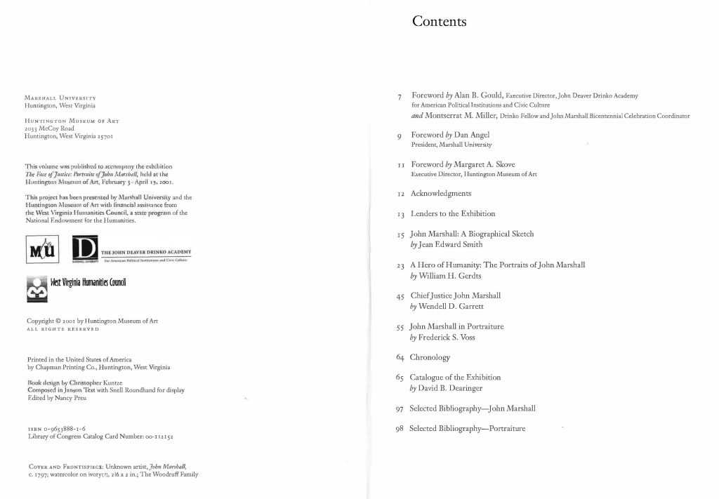 Image of the cover of the Table of Contents Page in The Face of Justice about John Marshall