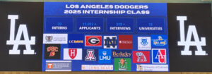 A video board shows the logos of the schools represented by the LA Dodger's 2025 Internship Class