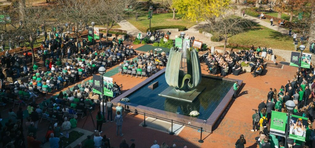 drone shot of the fountain ceremony from the student center balcony