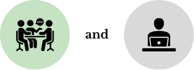 icon of people talking at a table AND icon of person at a computer