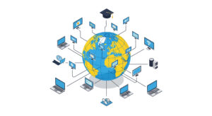 pc. laptops, and phones connected to a globe representing networking and communication