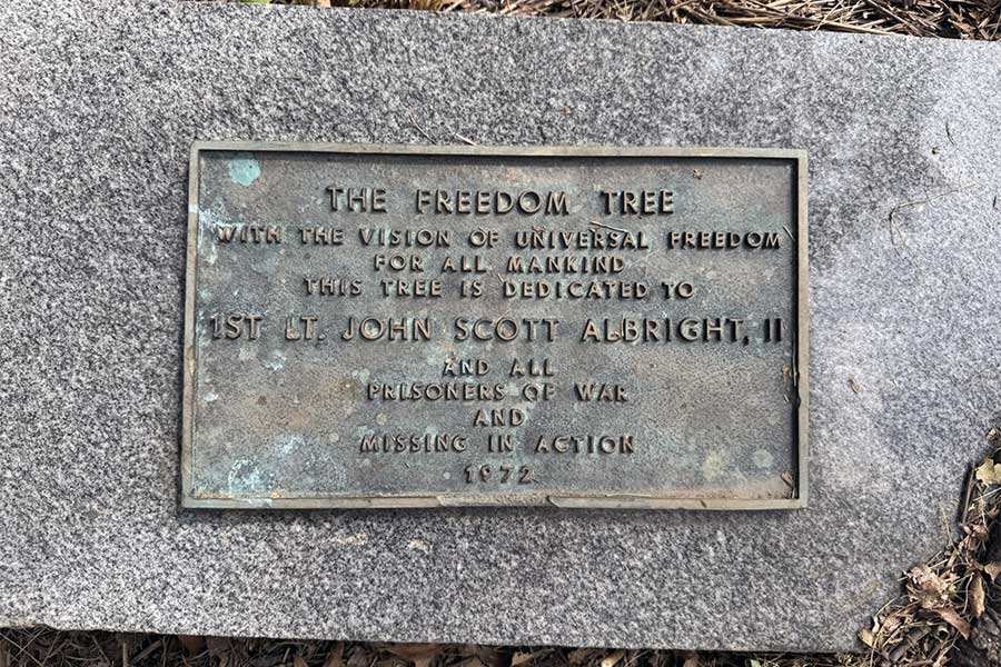 Commemorative marker for the East Freedom Tree, dedicated in 1972 to 1st Lt. John Scott Albright II and all prisoners of war and missing in action.