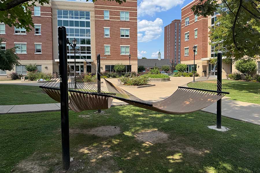 Hammock area at the south entrance of Marshall Commons featuring woven hammocks suspended between posts in a shaded courtyard surrounded by residence halls and landscaped walkways.