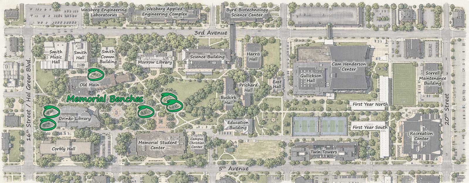 Campus map highlighting memorial bench locations near the Memorial Student Center Plaza, Drinko Library, and Old Main.
