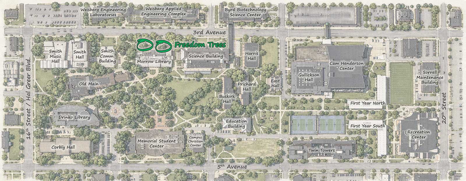 Campus map highlighting the location of the Freedom Trees at the historic north entrance of Morrow Library.