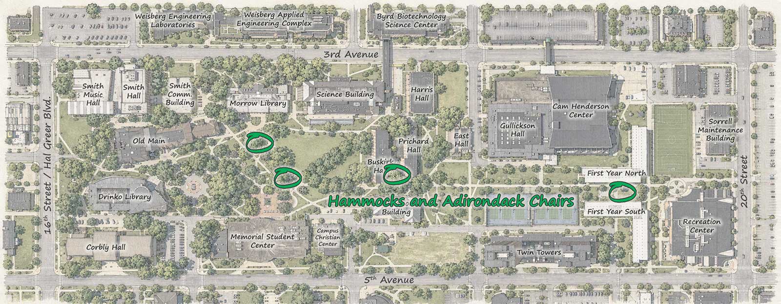 Campus map highlighting hammock and Adirondack chair locations near Morrow Library, Buskirk Hall, and the First-Year Residence Halls. Additional hammock locations near Marshall Commons are not shown on this map.