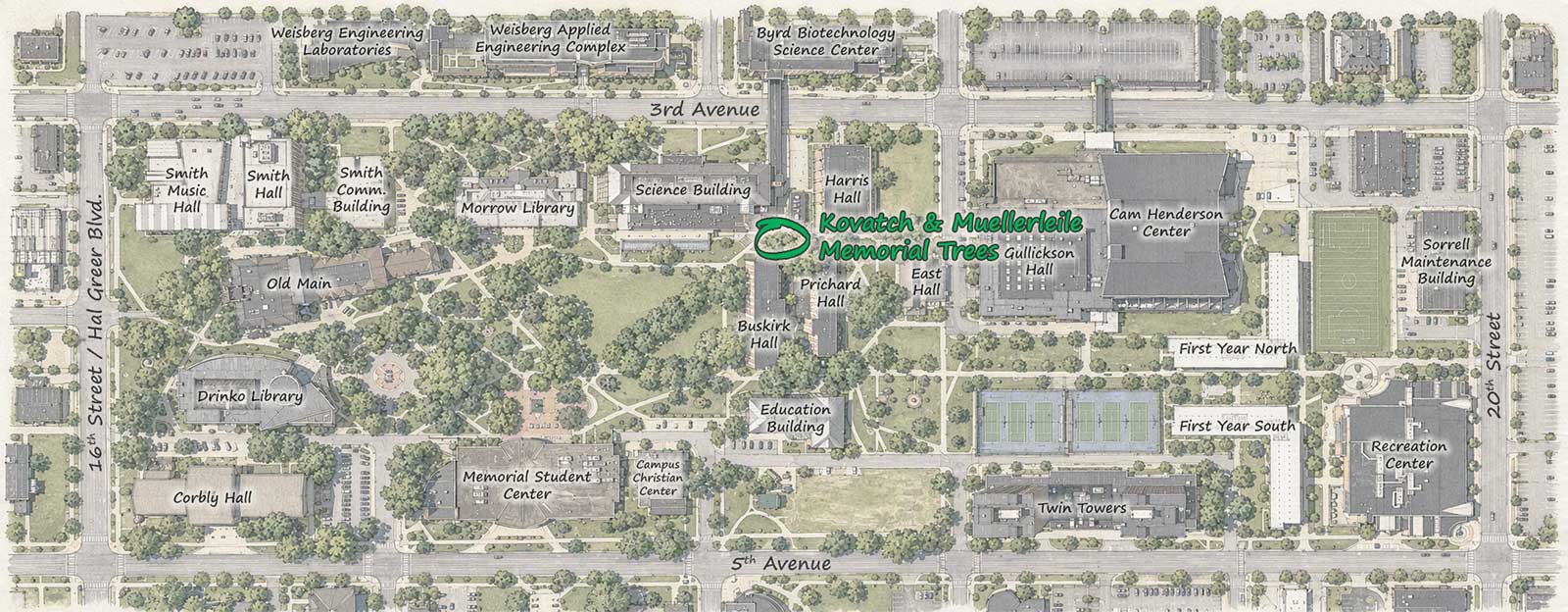 Campus map highlighting the location of the Kovatch and Muellerleile Memorial Trees between the Science Building and Harris Hall.
