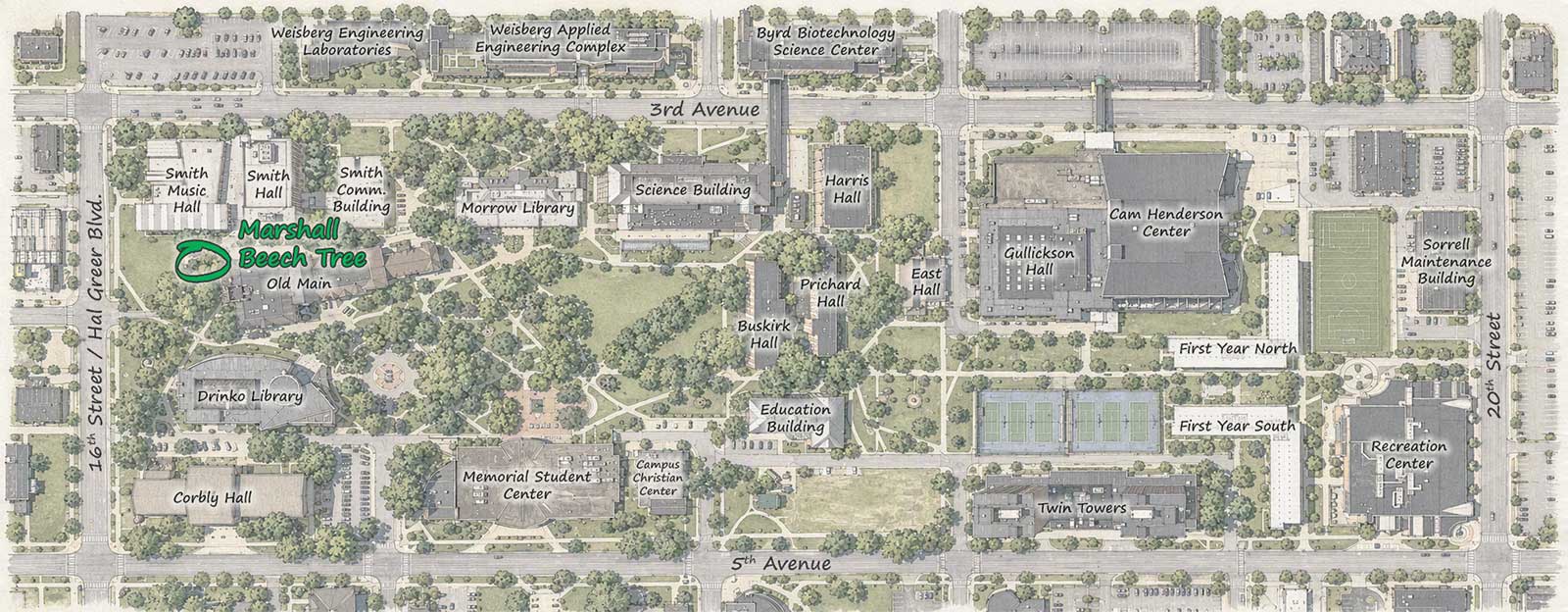 Campus map highlighting the location of the Marshall Beech Tree marker and Son of the Beech near the northwest corner of Old Main.