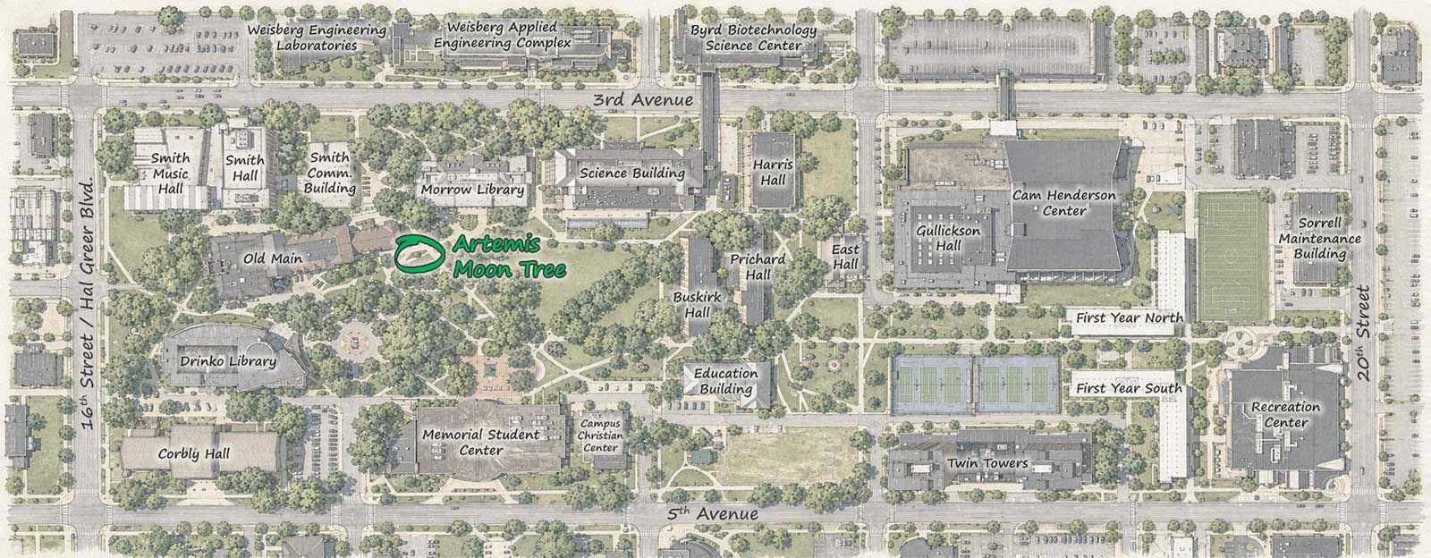 Campus map highlighting the location of the Artemis Moon Tree southeast of Old Main.