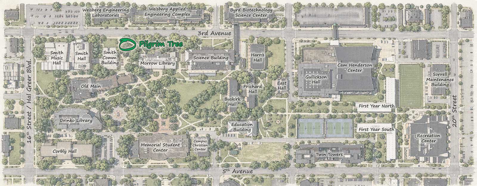 Campus map highlighting the location of the Pilgrim Tree along 3rd Avenue between Morrow Library and the Smith Communication Building.