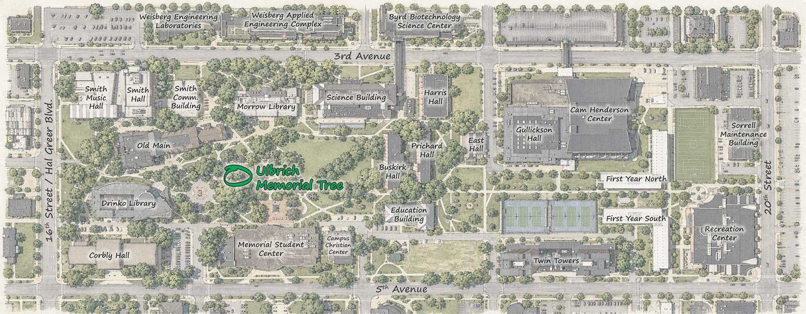 Campus map highlighting the location of the Brian "Scotty" Ulbrich Memorial Tree between Old Main and the Memorial Student Center near the Omicron Delta Kappa Circle.