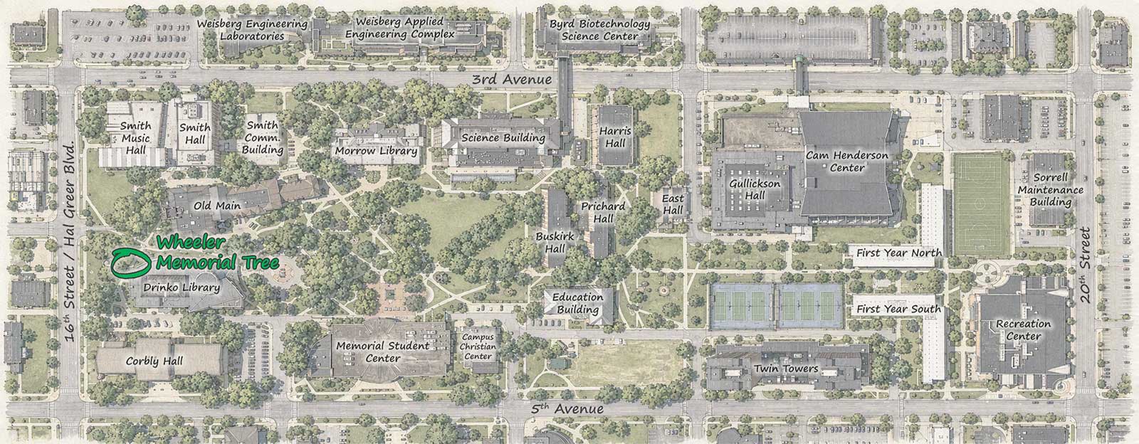 Campus map highlighting the location of the Wheeler Memorial Tree at the northwest corner of the John Deaver Drinko Library.