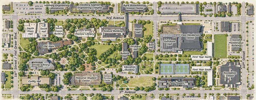 Illustrated arboretum map of Marshall University's Huntington campus showing major buildings, roads, sidewalks, lawns, and tree canopy coverage. The aerial view highlights campus green spaces and the locations of notable academic, residential, recreational, and student life buildings between 3rd Avenue and 5th Avenue.