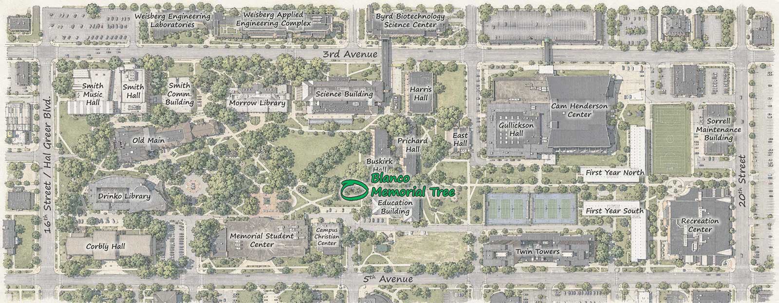 Campus map highlighting the location of the Blanco Memorial Tree west of the Education Building.
