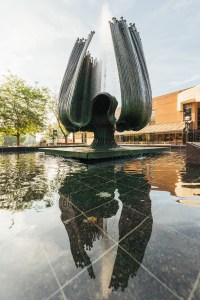 The Memorial Fountain stands in the center of Marshall University’s campus on a sunny morning.